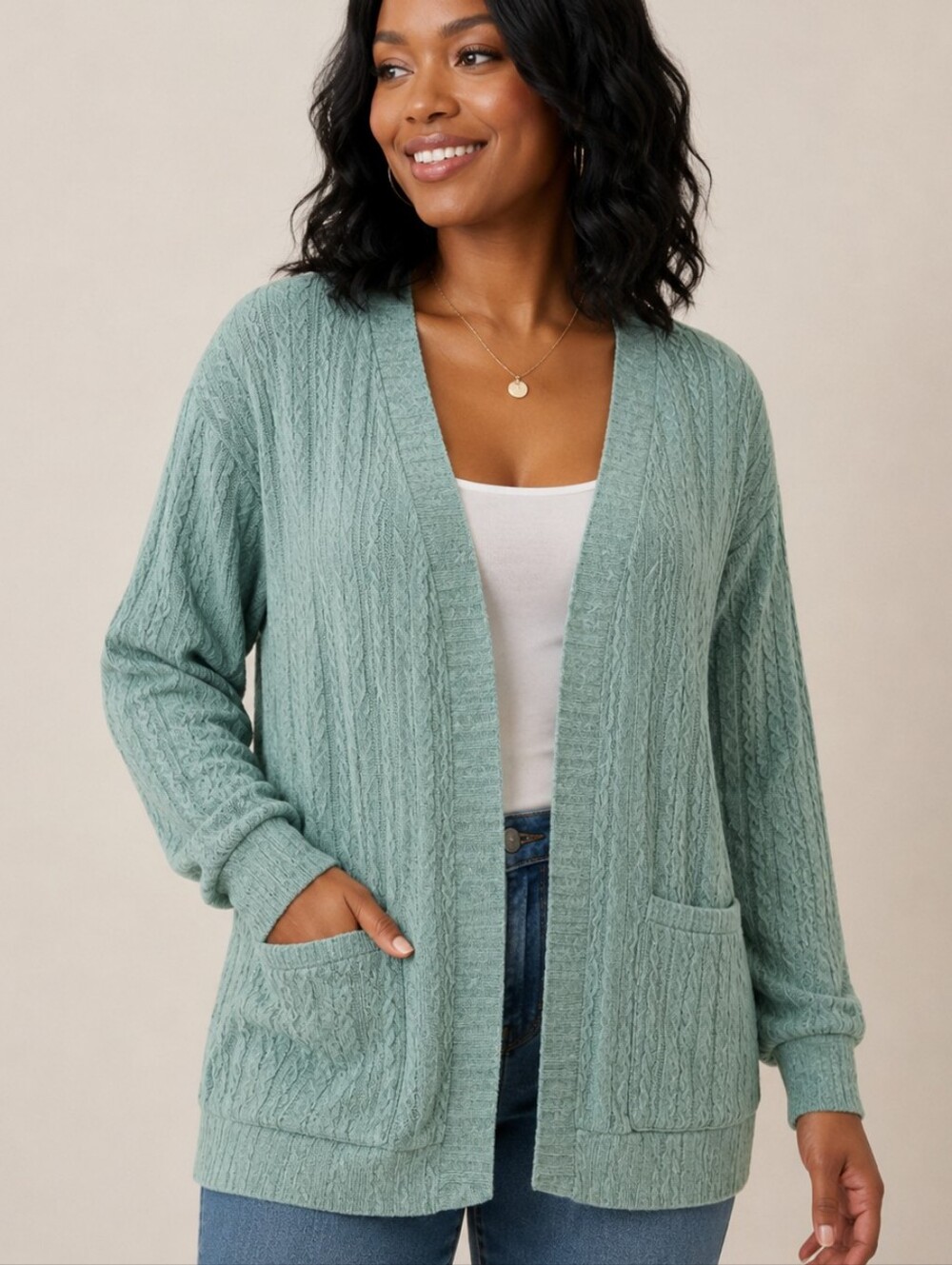 JULYCLO Women's Green Cable Knit Cardigan Sweater W Pockets - NIP